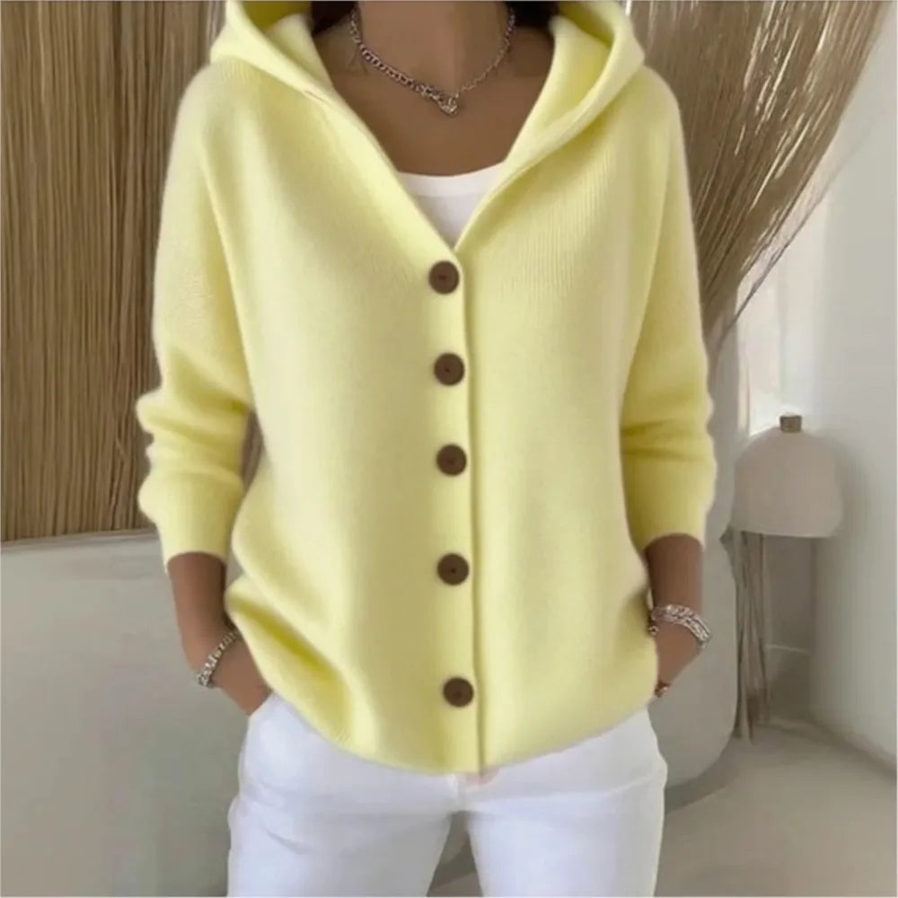 Women's Hooded Button Front Cardigan Casual Knit Layer