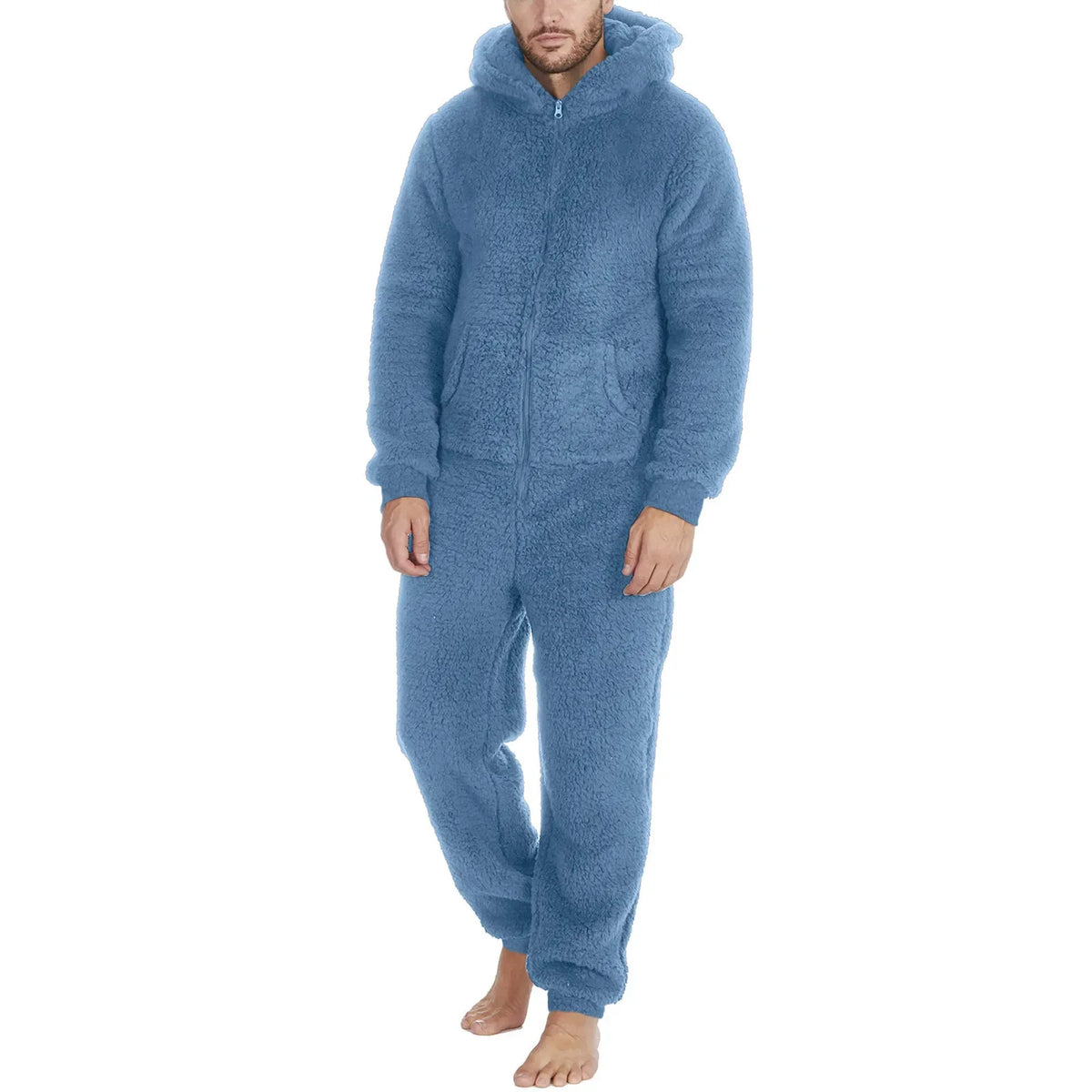 Men's Hooded Zip Front Long Sleeve Plush Pajama Jumpsuit