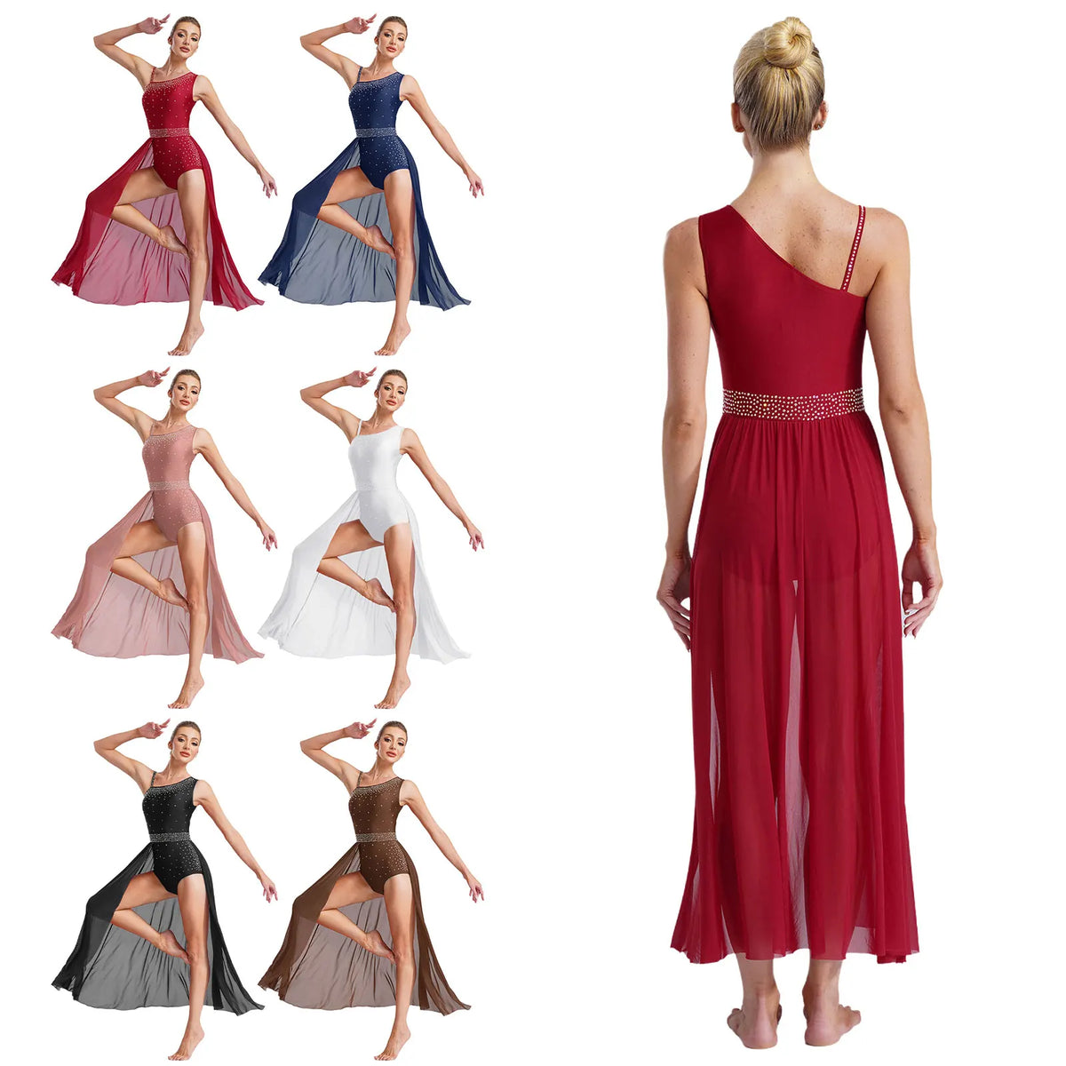 Women's Asymmetric Rhinestone Dance Dress with Split Mesh Skirt Styles
