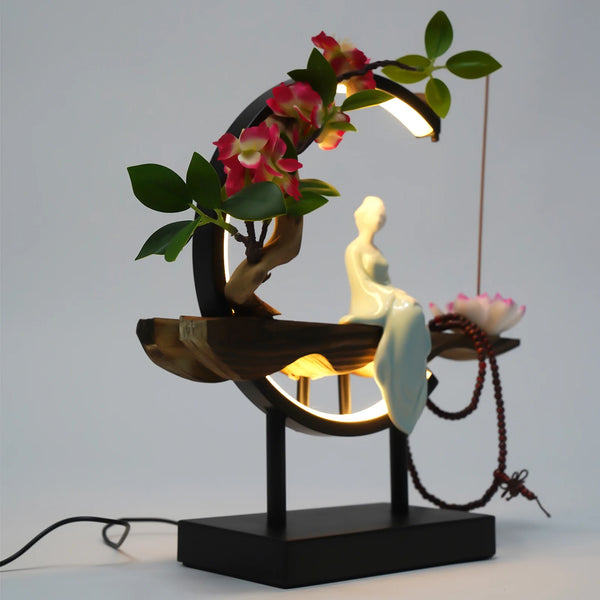 Incense Holder Stand 3-Mode LED Light Artificial Plant Flower Ceramic Sculpture Ceramic Incense Holder 3-Brightness LED Light