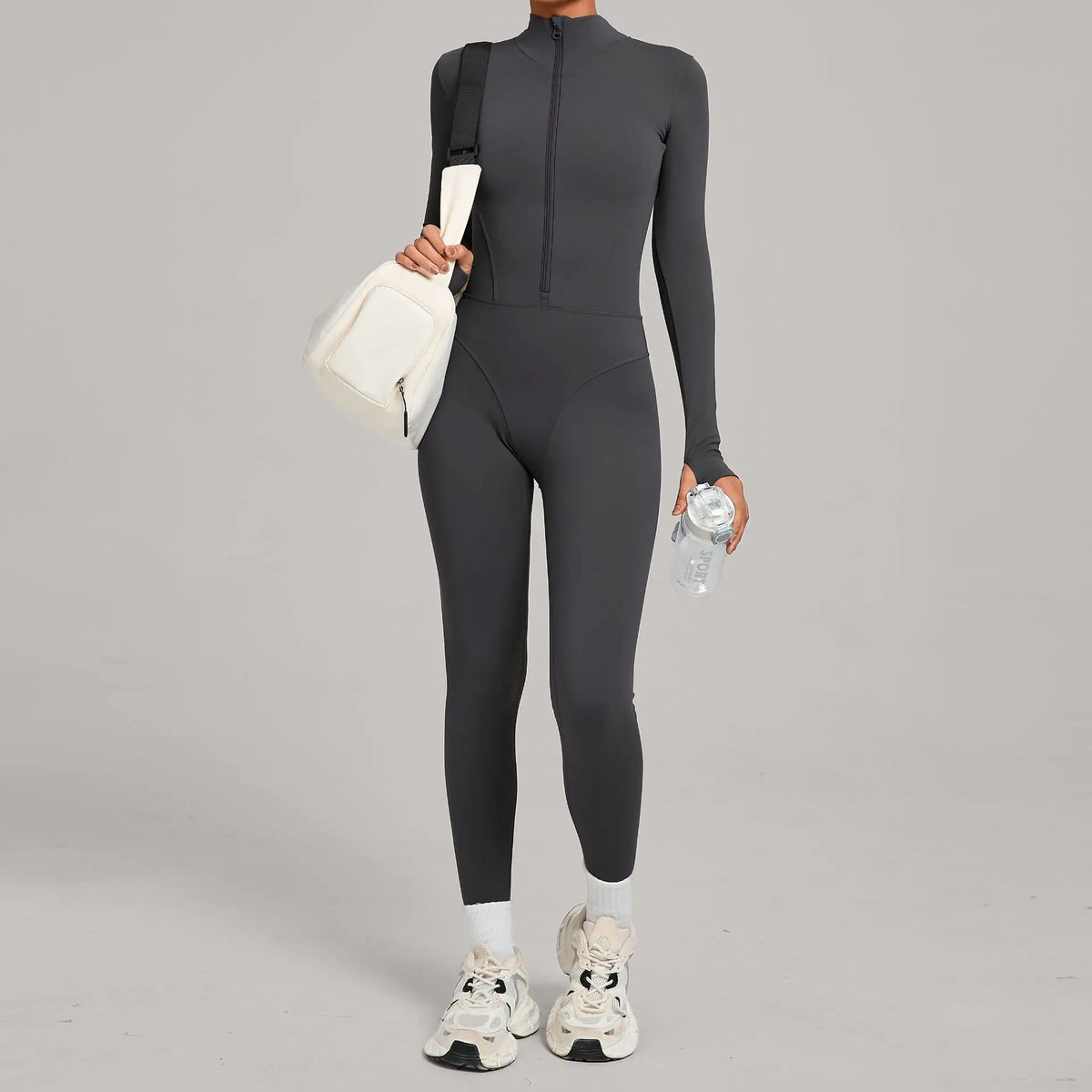 Women's Long Sleeve Nylon Blend Workout Jumpsuit with Stand Collar Zip