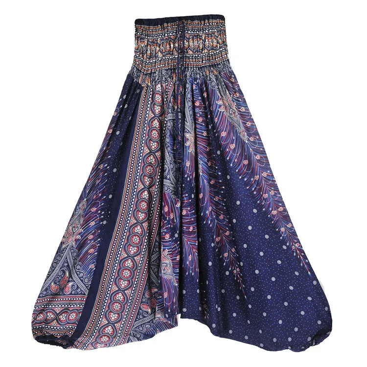 Women's Printed Nylon Harem Pants with Smocked Waist and Convertible Styling
