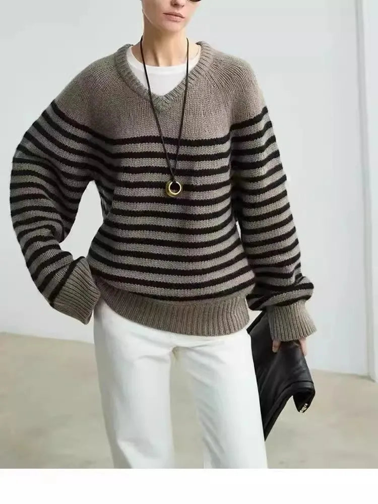 High-end V-neck striped 100% wool knitted sweater loose pullover sweater women wool base layer