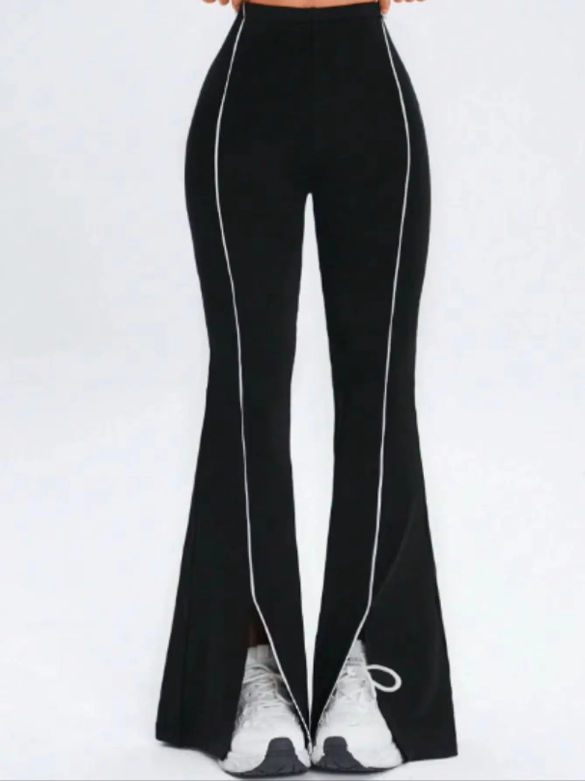 Women's High Waist Polyester Blend Flared Workout Pants with Contrast Piping