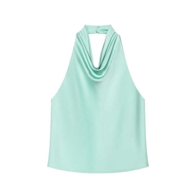 Women's Satin Polyester Halter Camisole with an Open Back and Draped Front