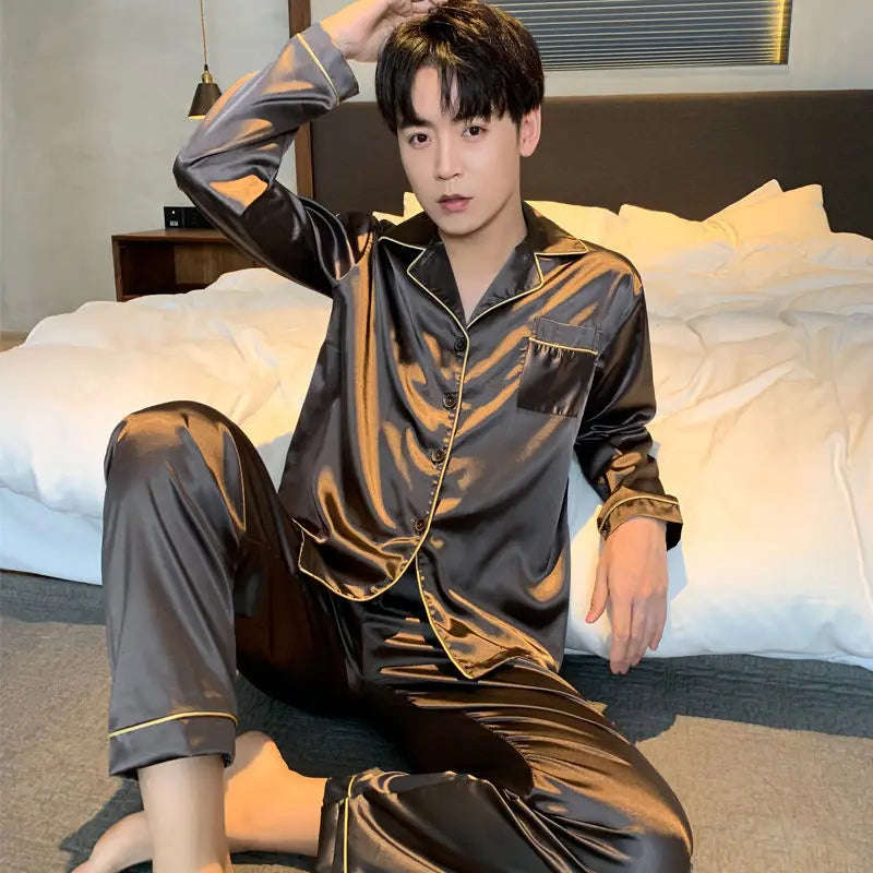 Men's Satin Look Long Sleeve Shirt and Pants Pajama Set