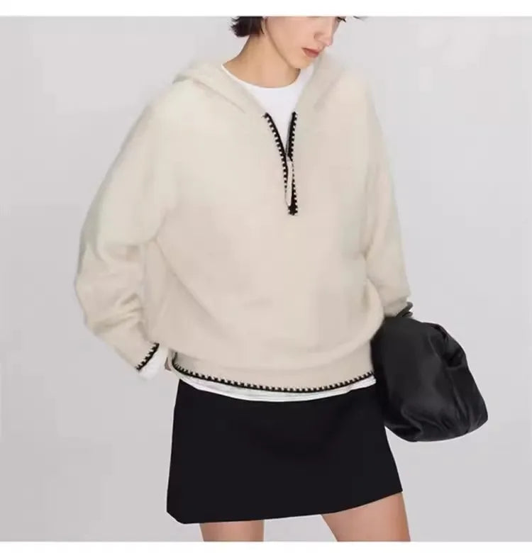 High-end half-zipper hooded 100% cashmere knitted sweater women loose and thick sweater base hoodie top