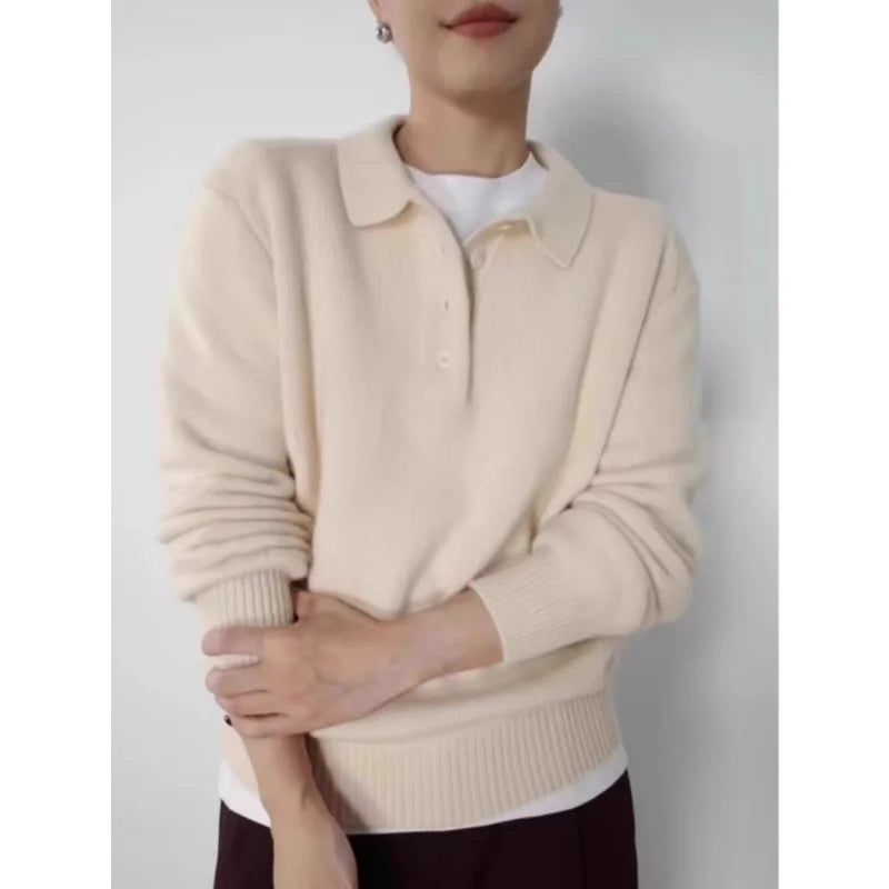 Elegant POLO semi-open neck 100%wool knitted sweater women loose long-sleeved base sweater autumn and winter