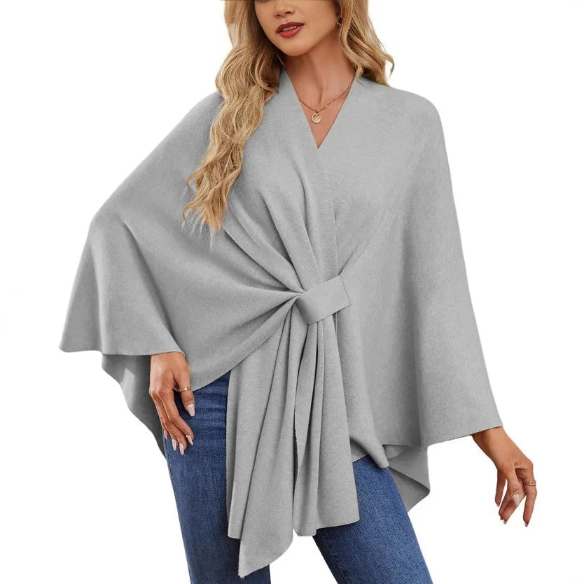 Ribbed Open Front Drape Poncho for Layering over Outfits