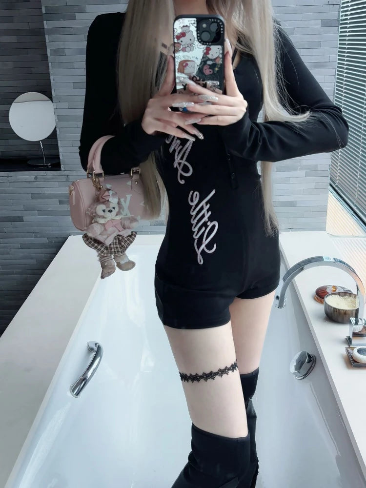 Women's Long Sleeve Letter Print Polyester Romper with Fitted Short Legs