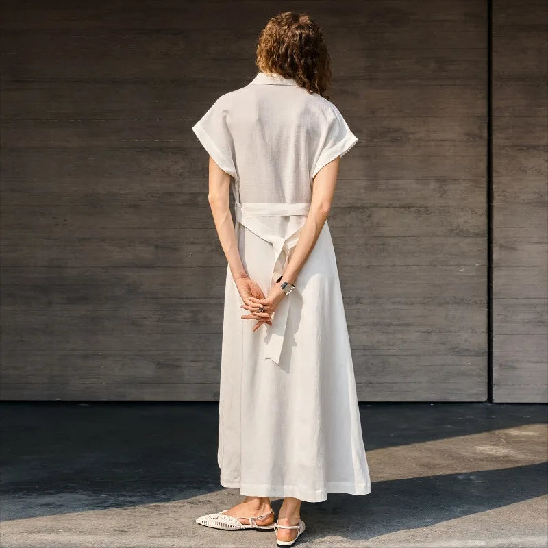Women's Linen-Lyocell Collared Short-Sleeve Ankle-Length Shirt Dress with Tie Detail and Buttons