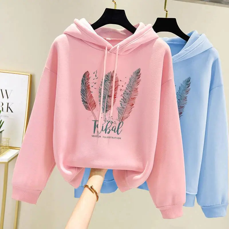 Feather Graphic Long Sleeve Pullover Casual Hoodie for Layering
