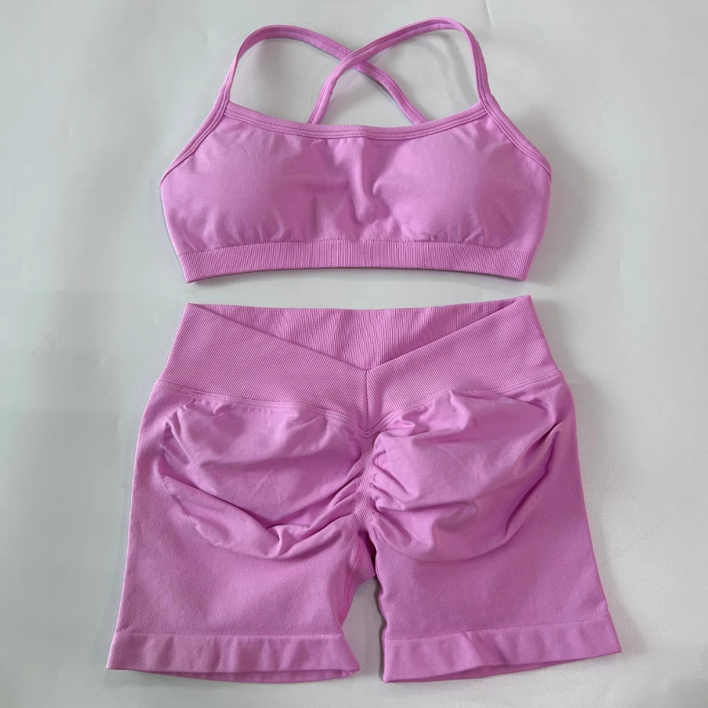 Women's Cross Strap Bra And Shorts Yoga Set