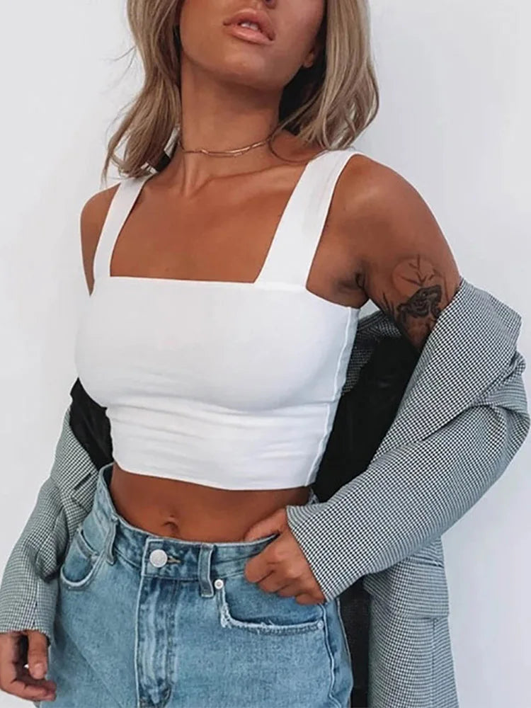 Women's Square Neck Crop Top with Wide Shoulder Straps and Cropped Length