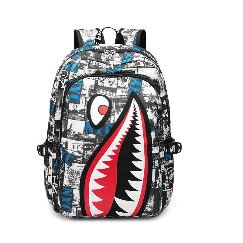 Children's Shark Print School Backpack with Zipper Opening and Front Pocket