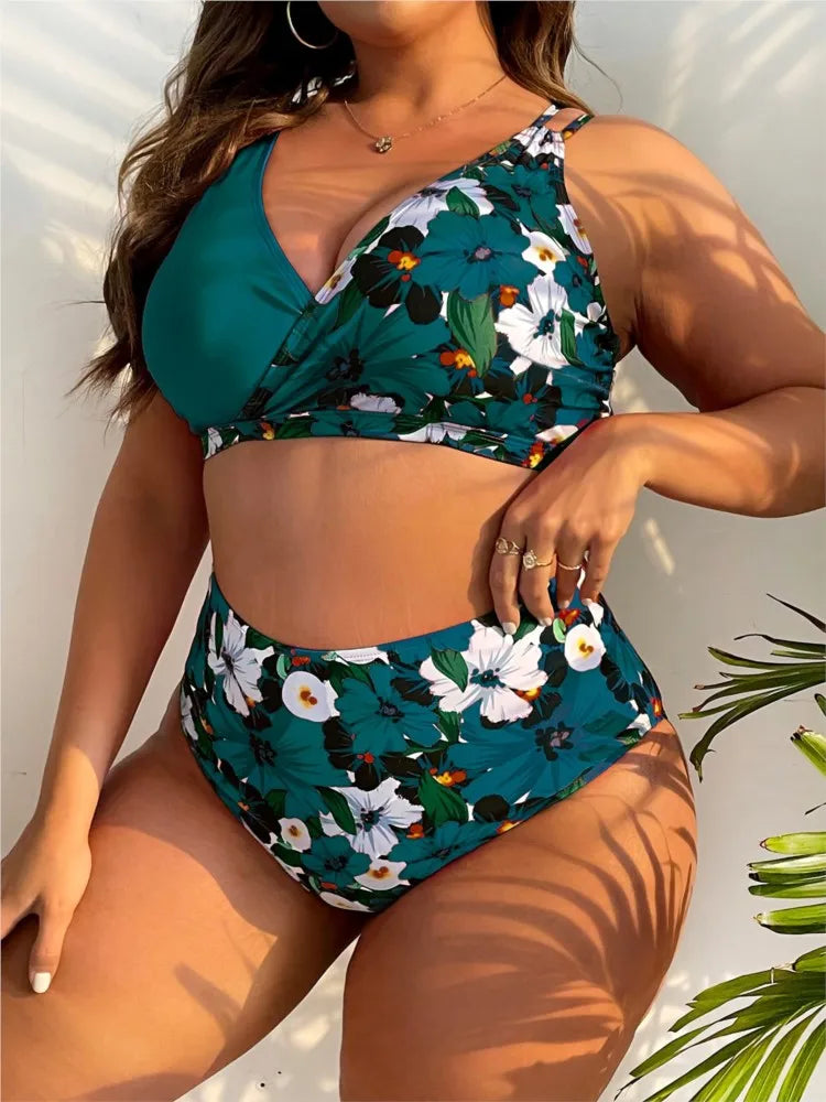 Women's Floral Print V Neck Top and High Waist Bikini Set