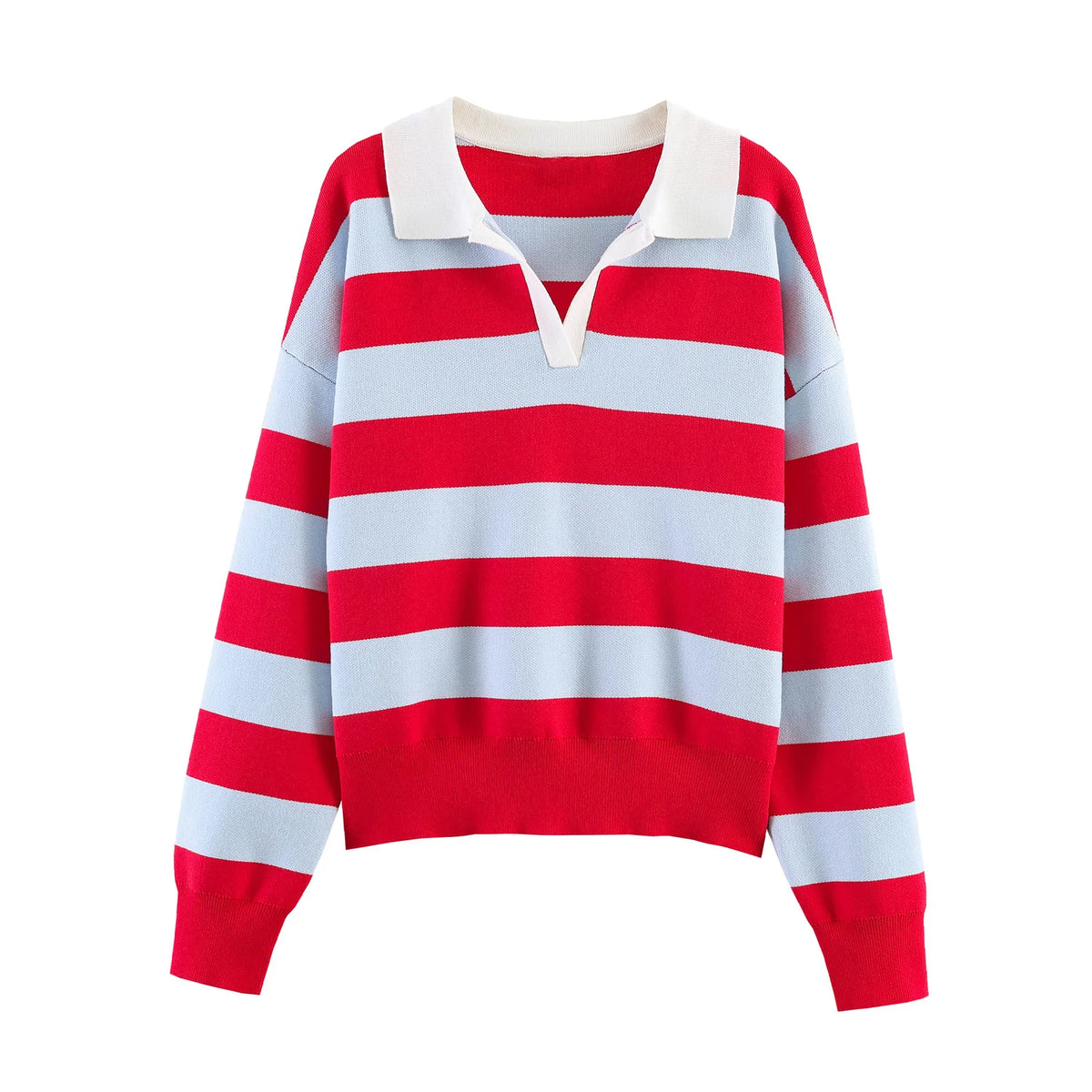 Women's Striped Polo Collar Loose Fit Sweater Casual Knit Layer