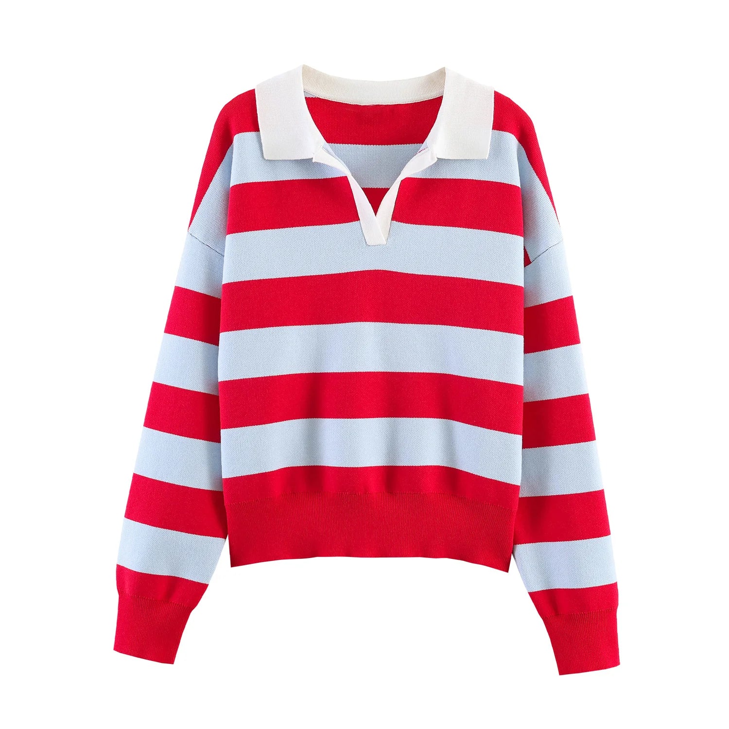 Women's Striped Polo Collar Loose Fit Sweater Casual Knit Layer