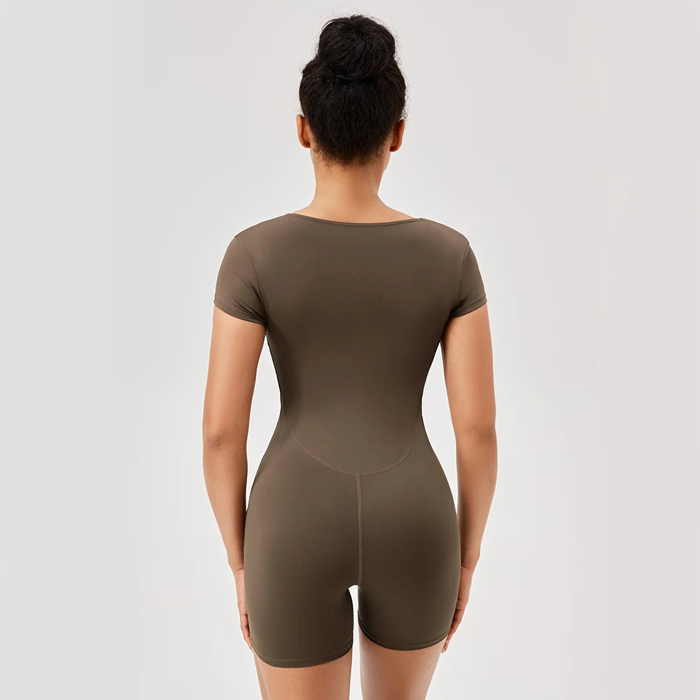 Women's Square Neck Polyester Blend Workout Romper with Short Sleeves