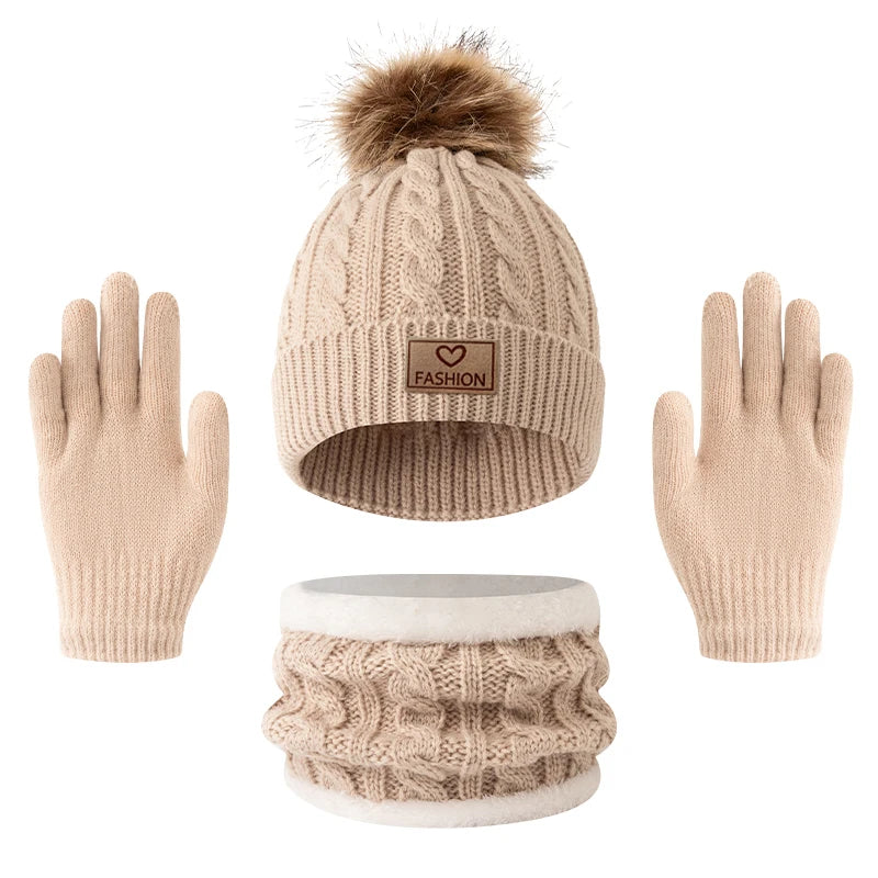 Children's Knitted Hat Neck Warmer and Gloves Set for Winter Wear