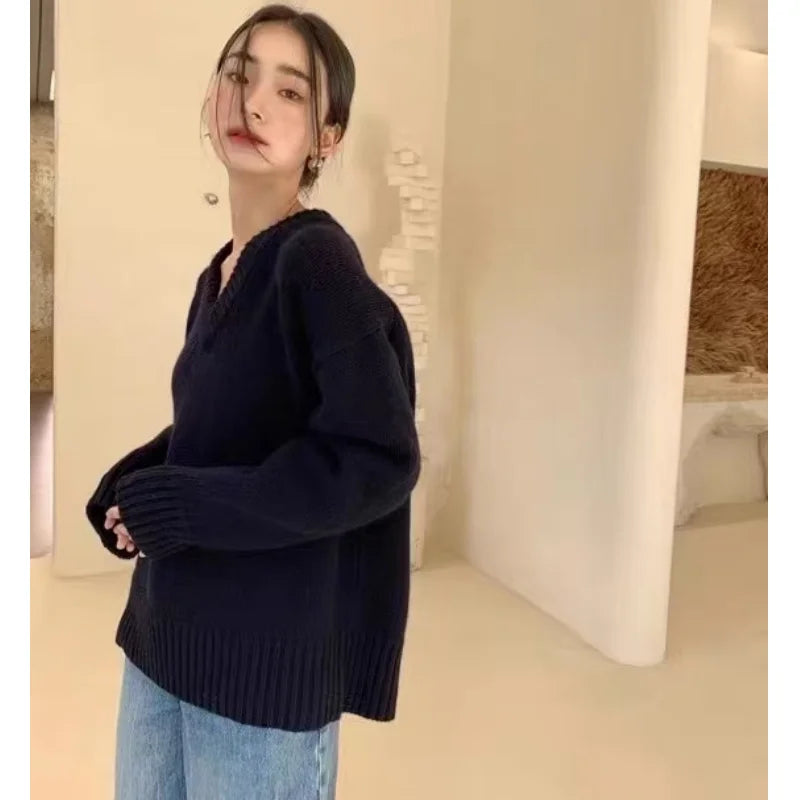 V-neck 100 pure wool sweater for women in autumn and winter, loose and thick sweater, long-sleeved knitted top