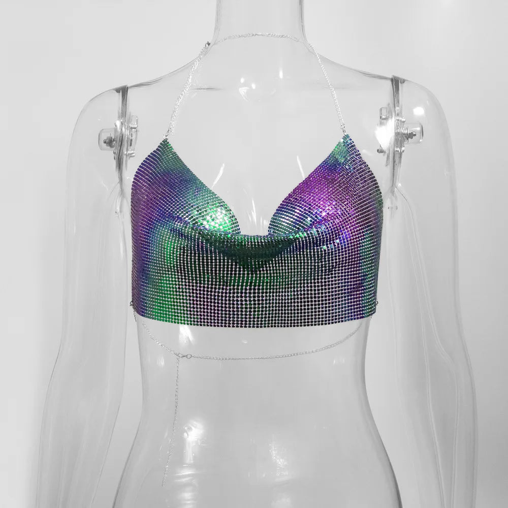 Women's Metallic Chain Mesh Halter Crop Top with Draped Neckline