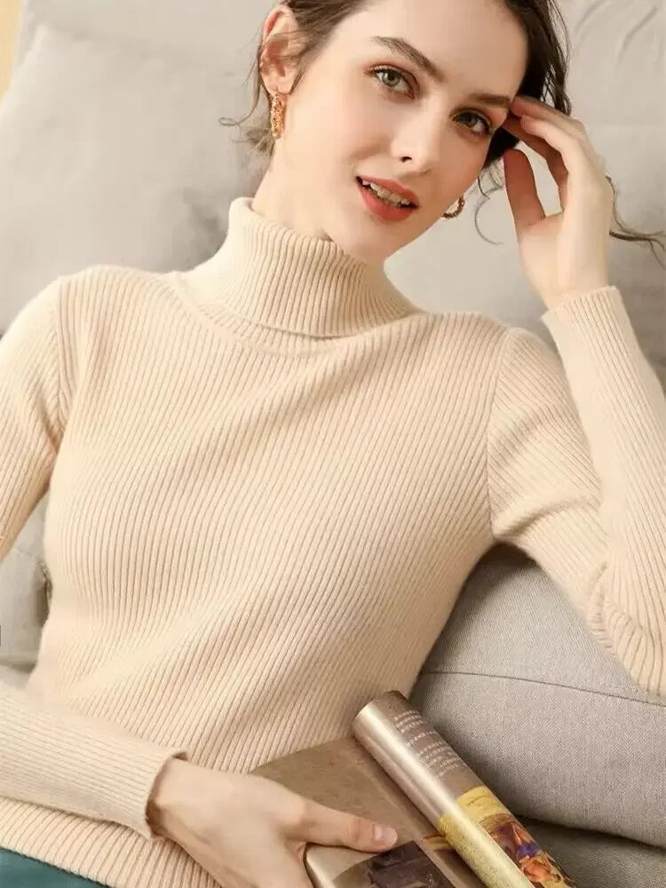 Women's Fitted Ribbed Roll Neck Sweater Casual Knit Layer