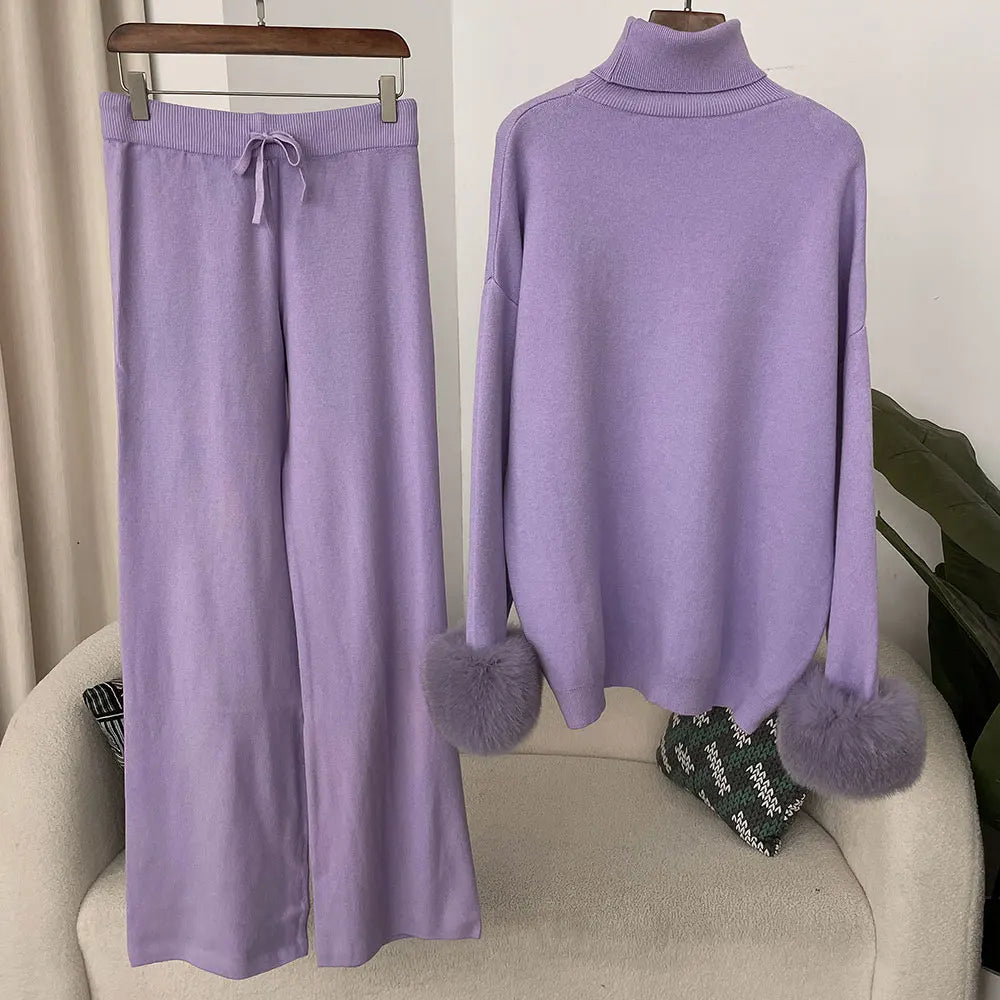 Women's Knit Long-Sleeve Zip-Front Top and Pants Set with Fox-Fur Cuff Trim