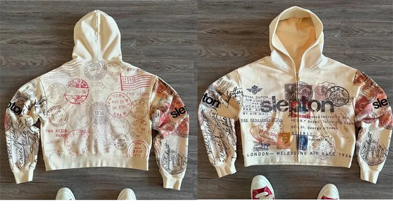 Abstract-Print Loose-Fit Long-Sleeve Zip-Front Hoodie