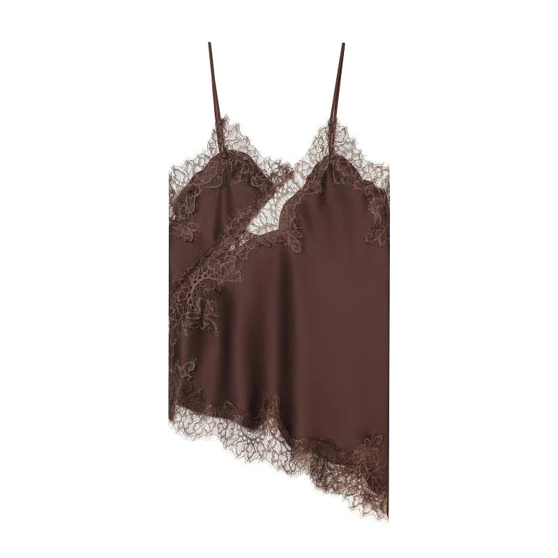 Women's Asymmetric Lace Trim Satin Camisole with Thin Shoulder Straps