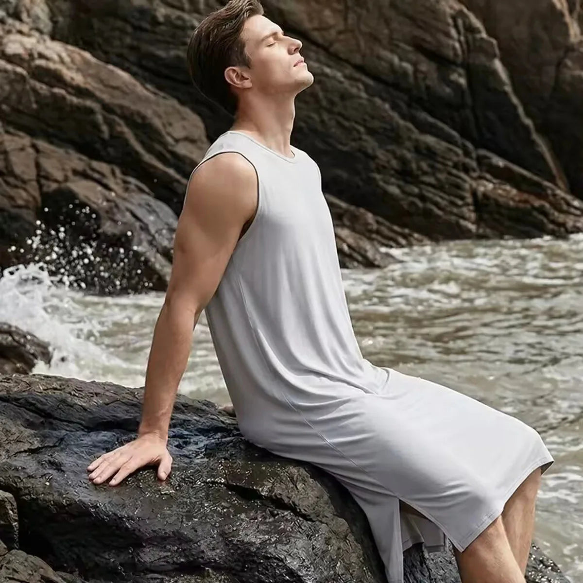 Men's Sleeveless Round Neck Lounge Nightdress with Straight Silhouette