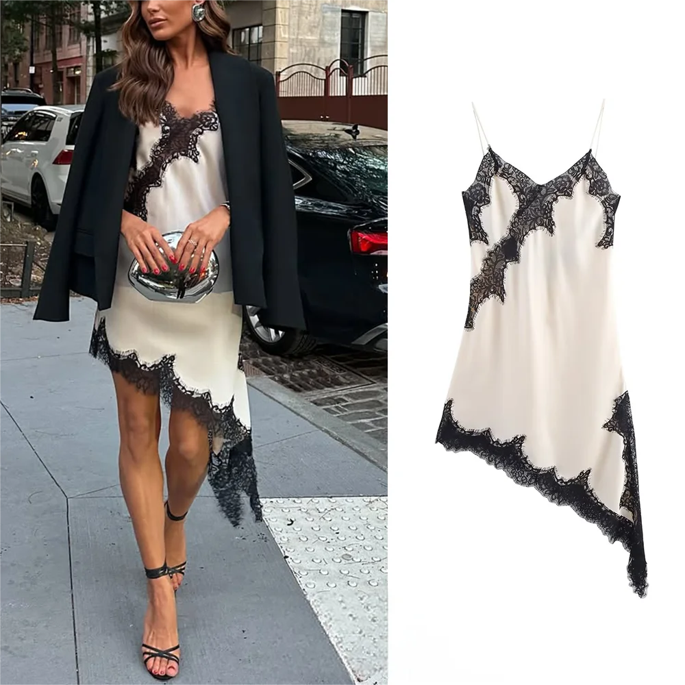 Women's Lace Trim Satin Polyester Camisole with Asymmetric Hem and Length Options