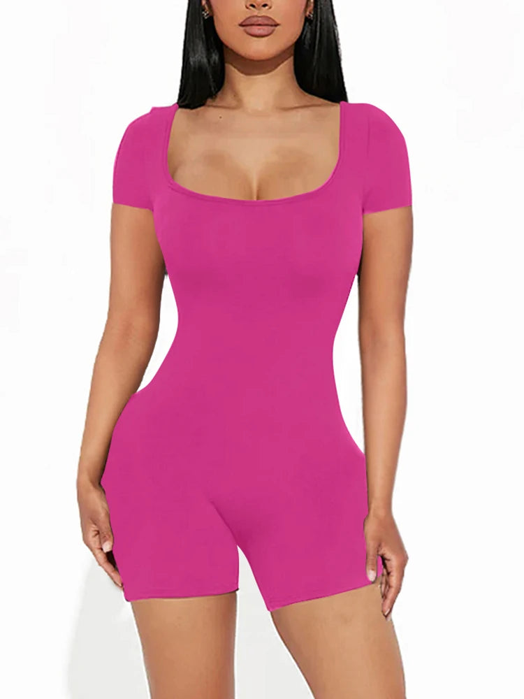 Women's Square Neck Short Sleeve Romper with Fitted Short Legs