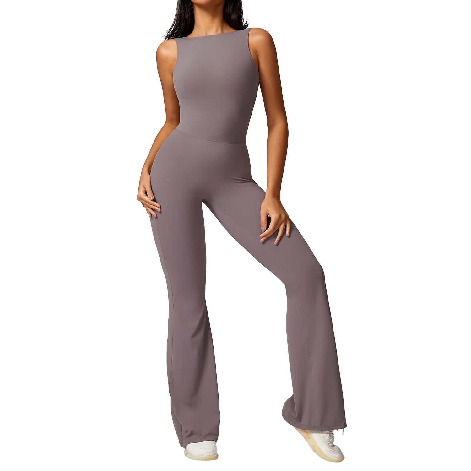 Women's High Neck Nylon Blend Flared Workout Jumpsuit with Scoop Back