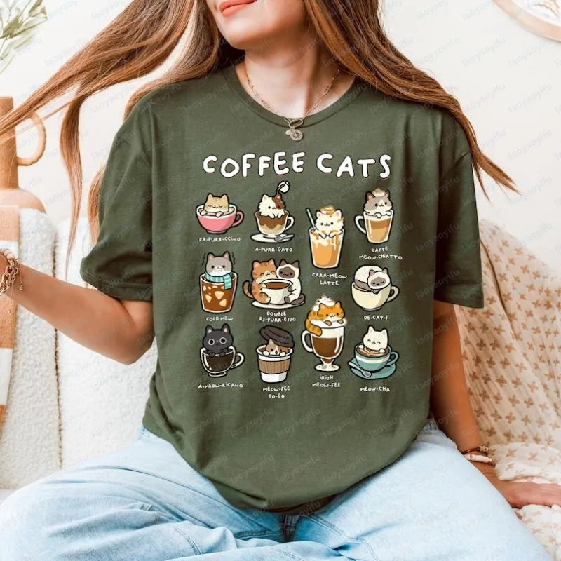 Coffee Cats Graphic Crewneck Short-Sleeve T-Shirt