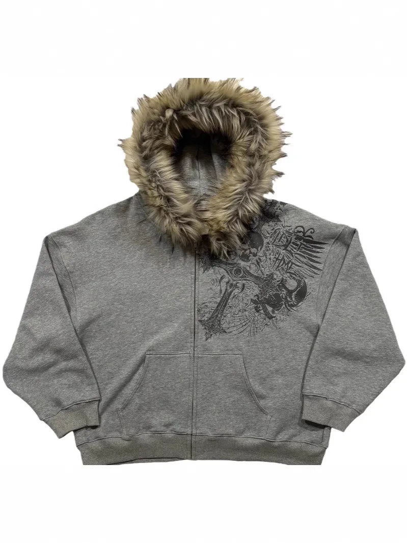 Fluffy Trim Long Sleeve Full Zip Casual Hoodie