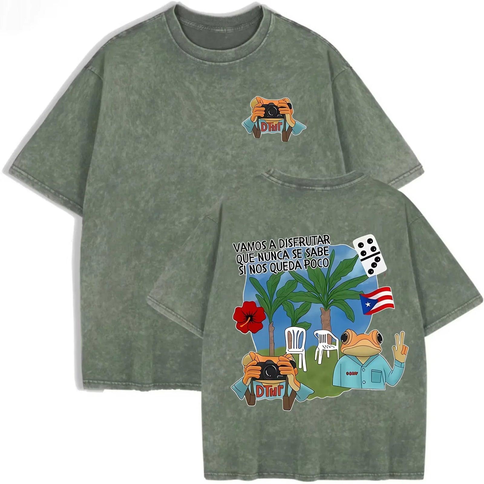 Puerto Rico Flag Frog Vamos A Disfrutar Quote Print Washed Beige Travel Lover T-shirt