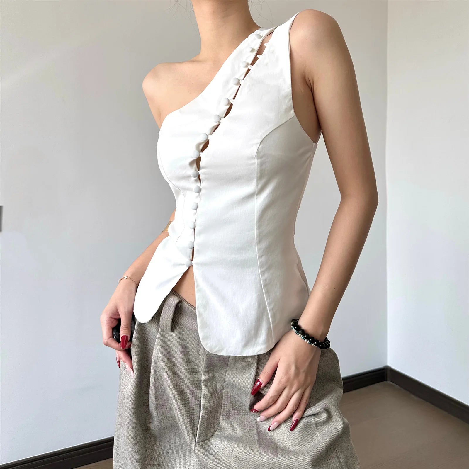 Women's One Shoulder Polyester Blend Blouse with Diagonal Hook and Eye Detail