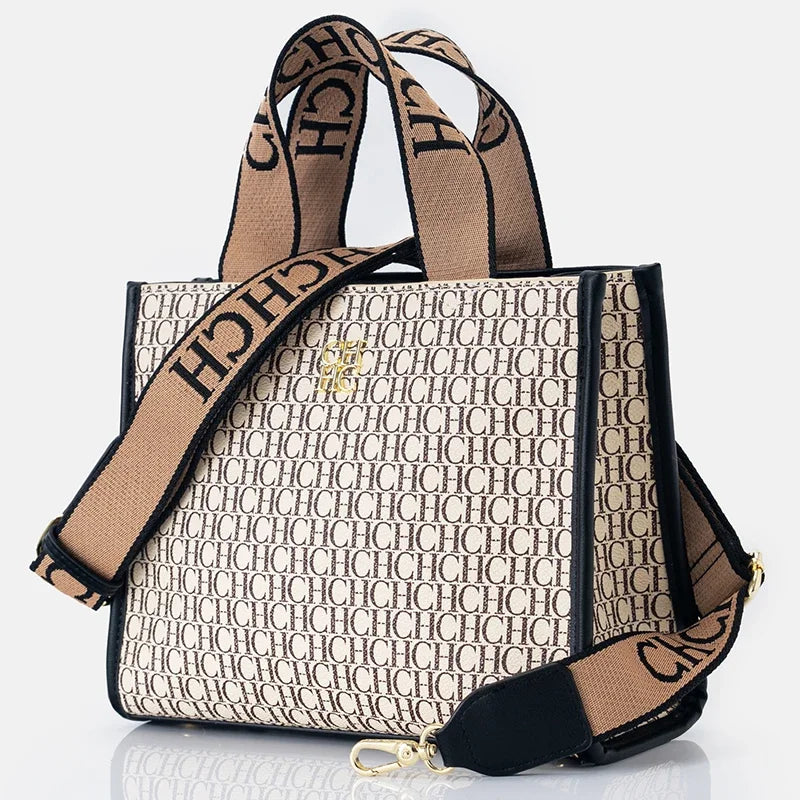 Women's Monogram Tote Handbag with Carry Handles and Shoulder Strap