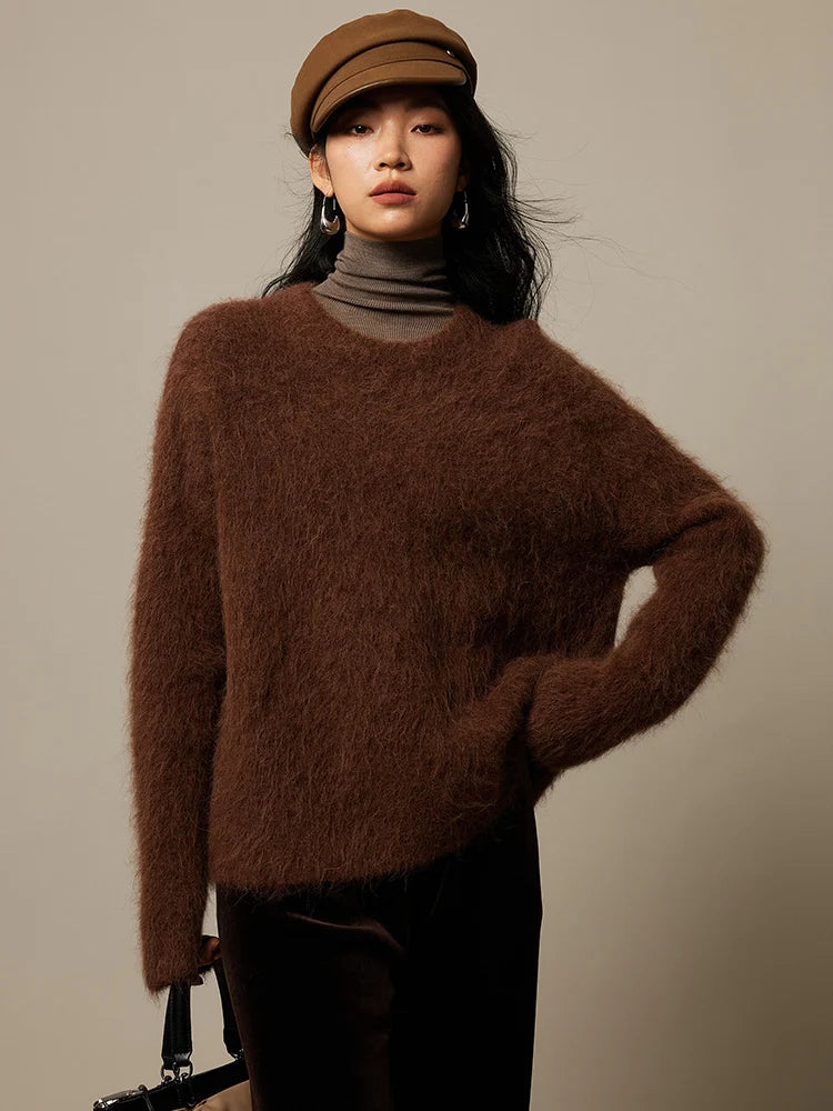 Women's Fluffy Crew Neck Long Sleeve Sweater Casual Knit Layer