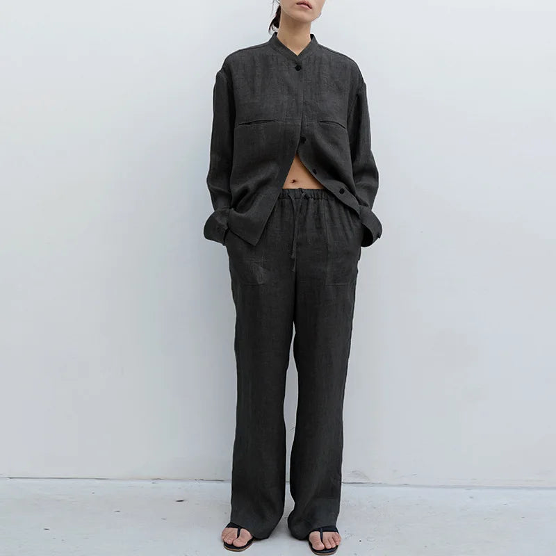 Women's Linen Loose Straight-Leg Full-Length Pants with Drawstring Waist and Side Pockets