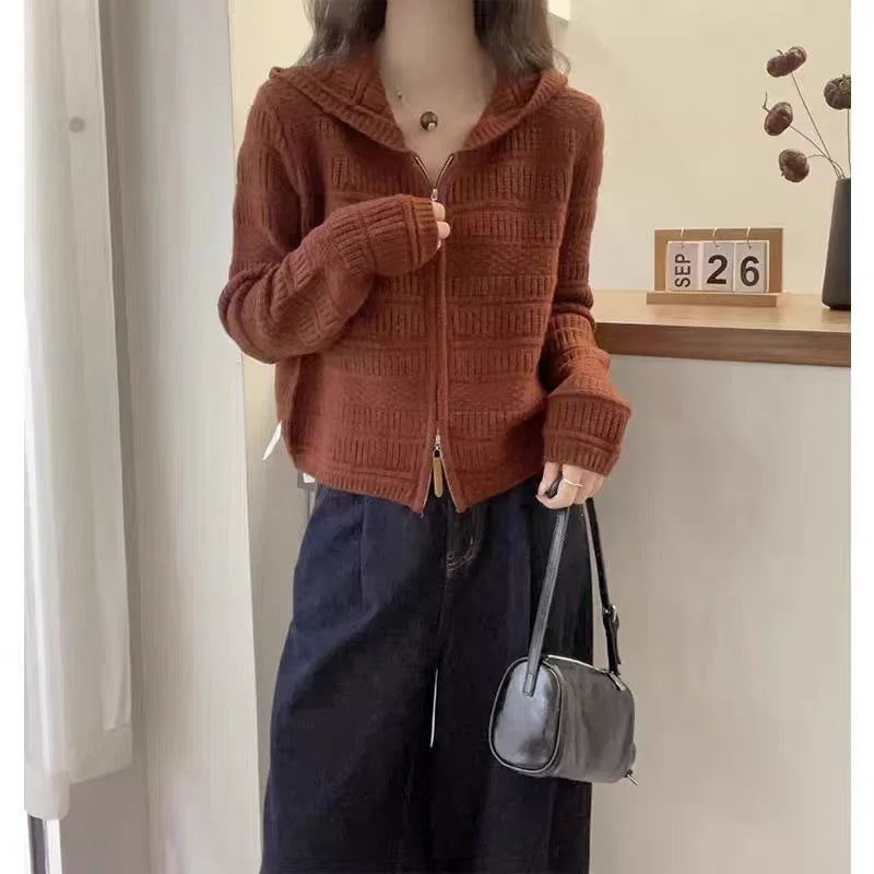 Autumn and Winter Thickened 100% Pure Wool Women's Hooded Knit Cardigan Loose Sweater Coat with Double Zippers Short Style