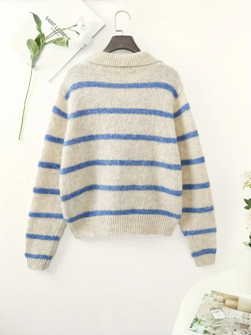 Women's Striped Polo Collar Pullover Sweater Casual Knit Layer