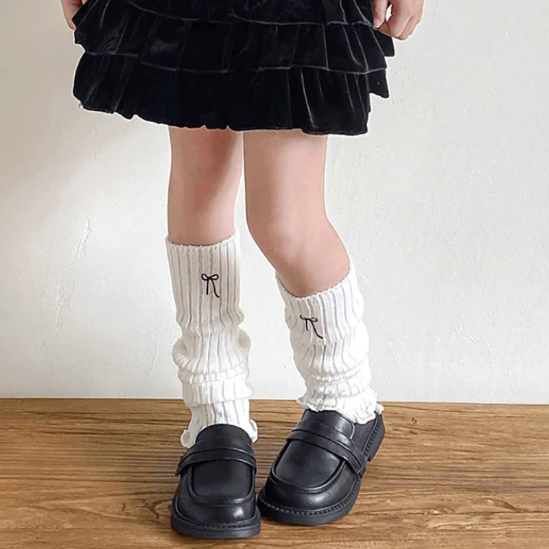 Children's Ribbed Leg Warmers with Embroidered Bow and Ruffled Cuffs