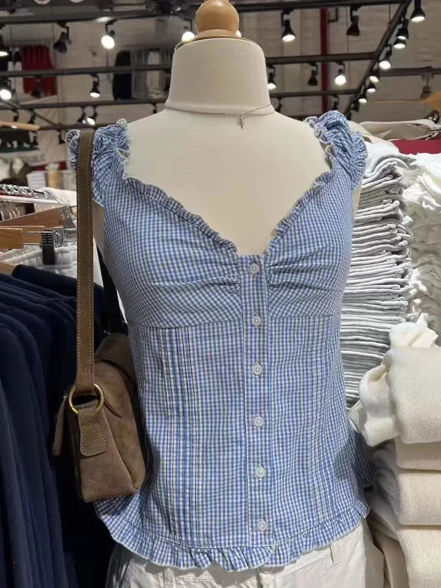 Women's Ruffled Cotton Sleeveless Blouse with Button Front and Mixed Pattern Options