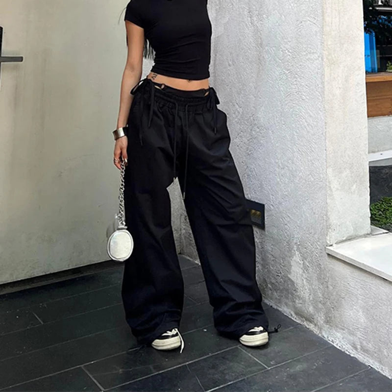 Women's Wide Leg Cargo Pants with Lace Up Waist Details