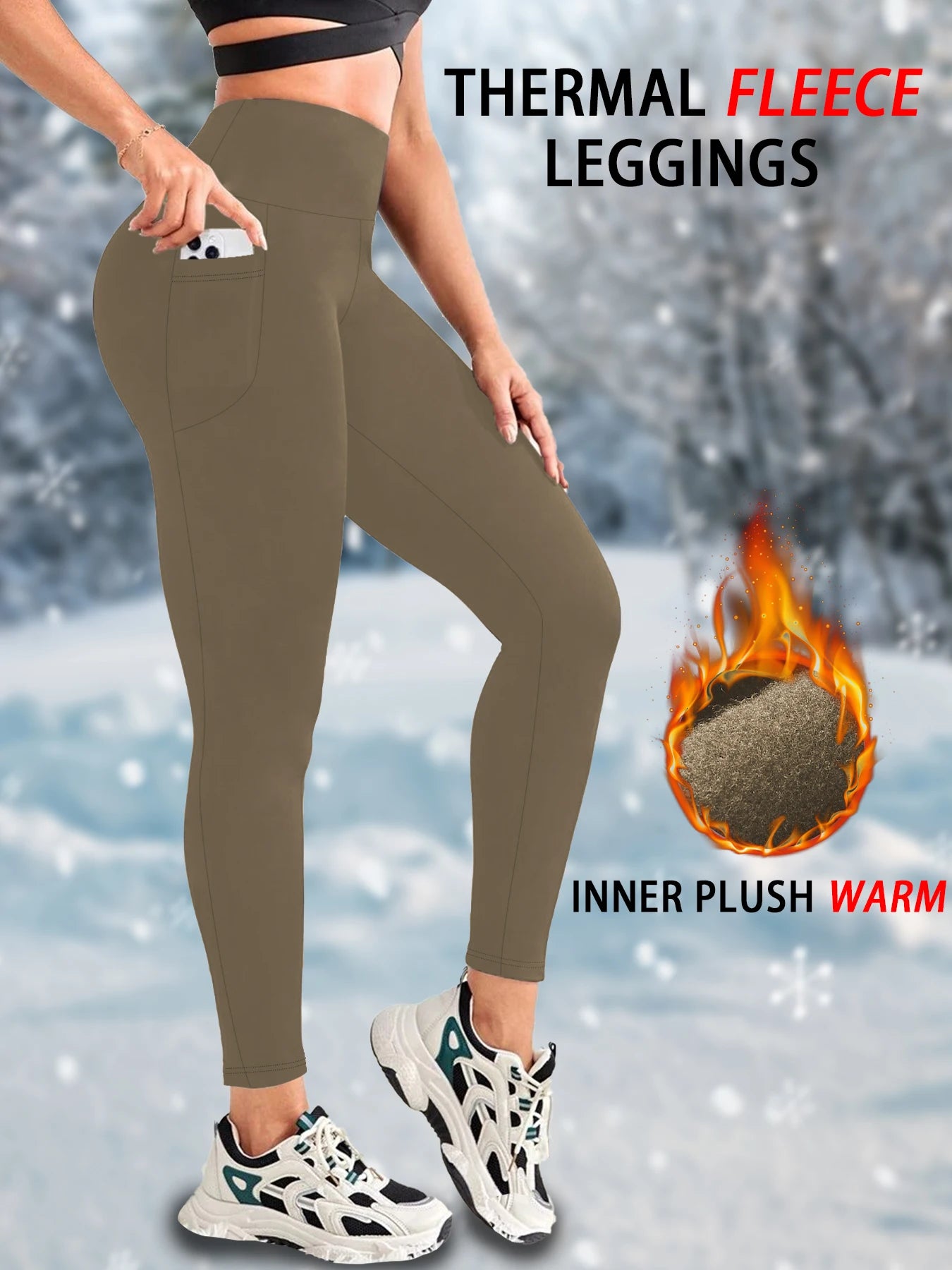 Women's High-Waist Fleece-Lined Leggings with Side Pockets