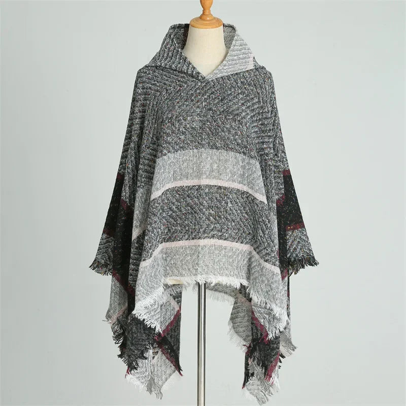 Hooded Stripe Fringe Poncho for Layering over Outfits