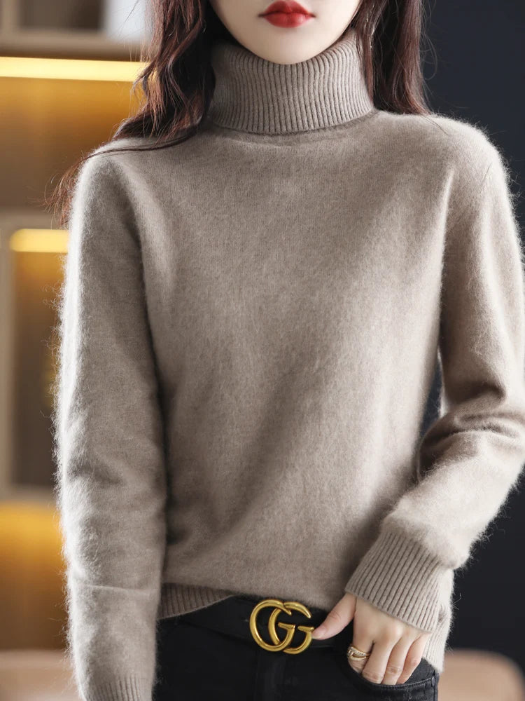 Women's Plain Roll Neck Long Sleeve Sweater Casual Knit Layer