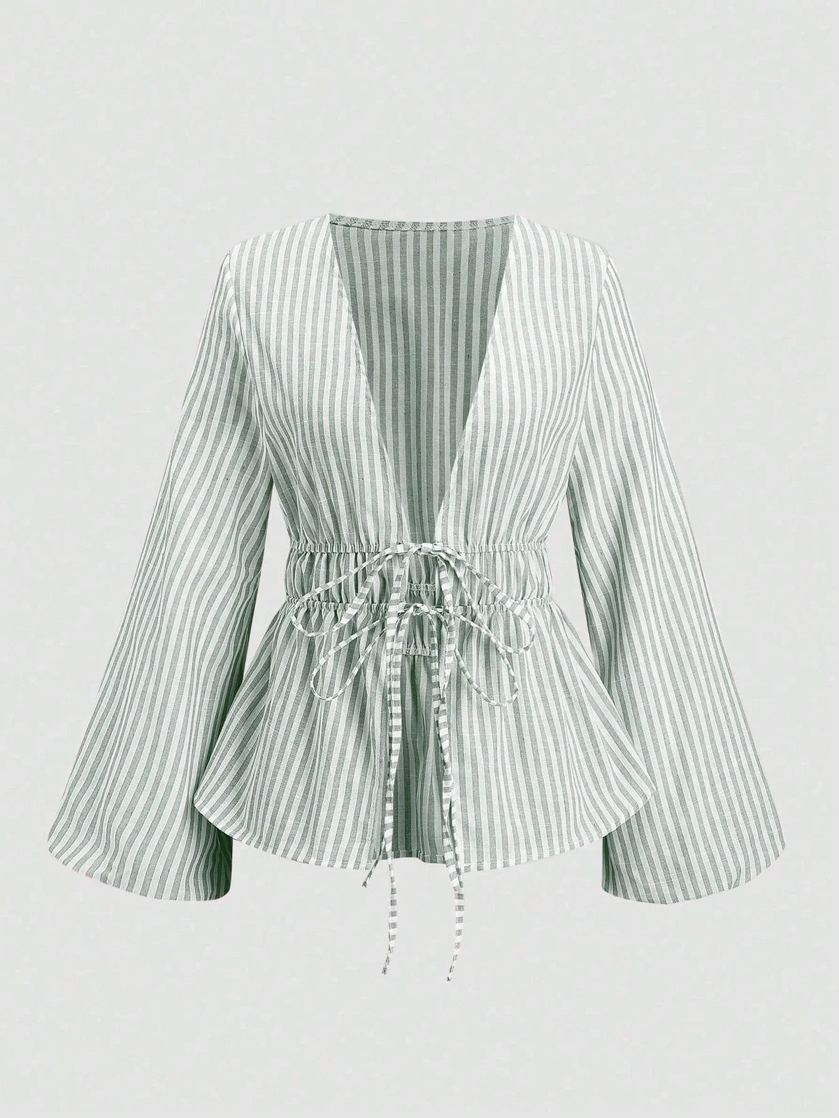 Women's Striped Wrap Blouse with Back Tie and Wide Sleeves